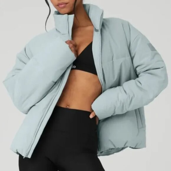 ALO Yoga Limited Edition Cosmic Grey Stretch Woven Street Puffer Jacket Sz M - Picture 1 of 9